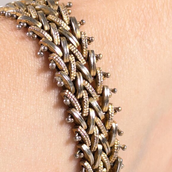 Vintage herringbone watch strap style bracelet, gold wash chevron metal link - Picture 1 of 10